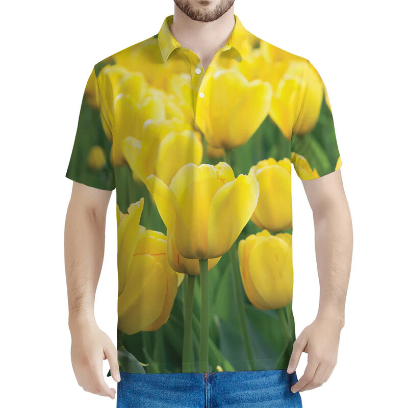 남녀공용 꽃 튤립 패턴 폴로 셔츠, 3D 프린트 꽃무늬 반팔, 캐주얼 스트리트 단추 폴로 셔츠, 오버사이즈 라펠 티