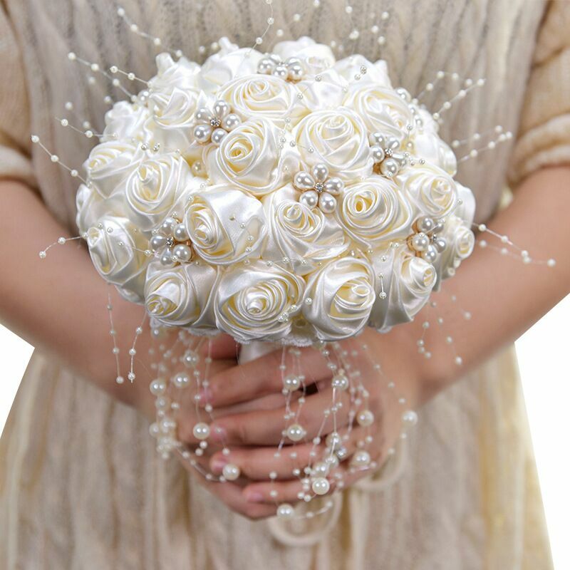 Beautiful Artificial Rose White And Ivory Ribbon Flowers Stunning Pearls Beaded Bridal Bouquet Bridesmaid Wedding Bouquets