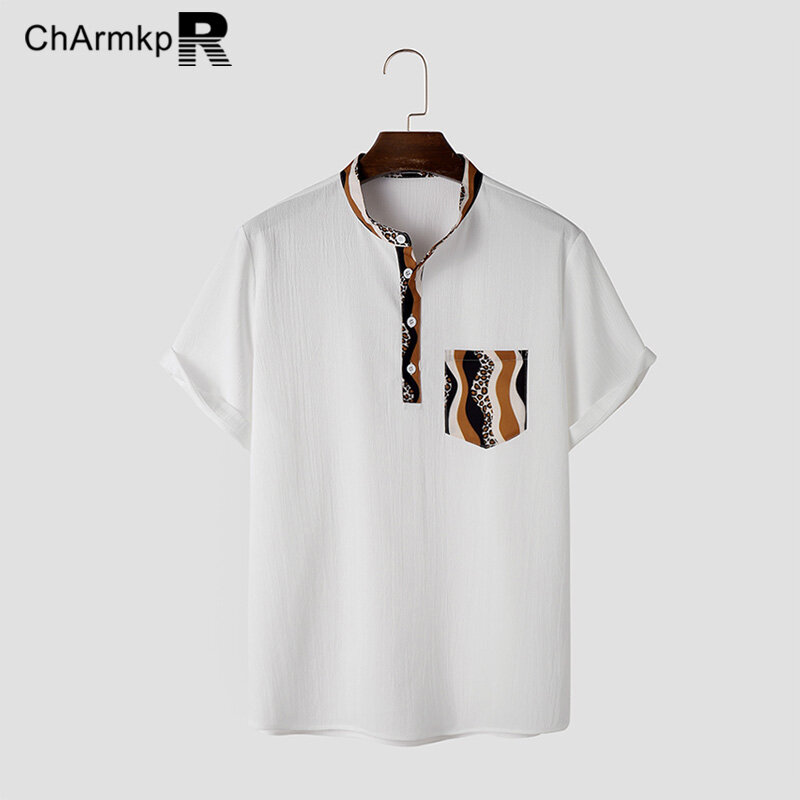 Charmkpr-قميص رجالي قصير الأكمام مطبوع على شكل فهد ، توبات كبيرة الحجم ، ملابس الشارع غير الرسمية ، مخطط ، الصيف ، * * ،
