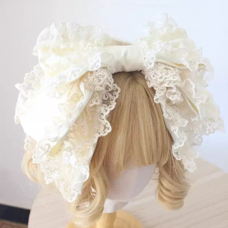 Handgemachte Fee Kopf bedeckung weiche Mädchen Spitze Rand großen Bogen Haar Reifen japanische Haarband süße süße Prinzessin Haarschmuck