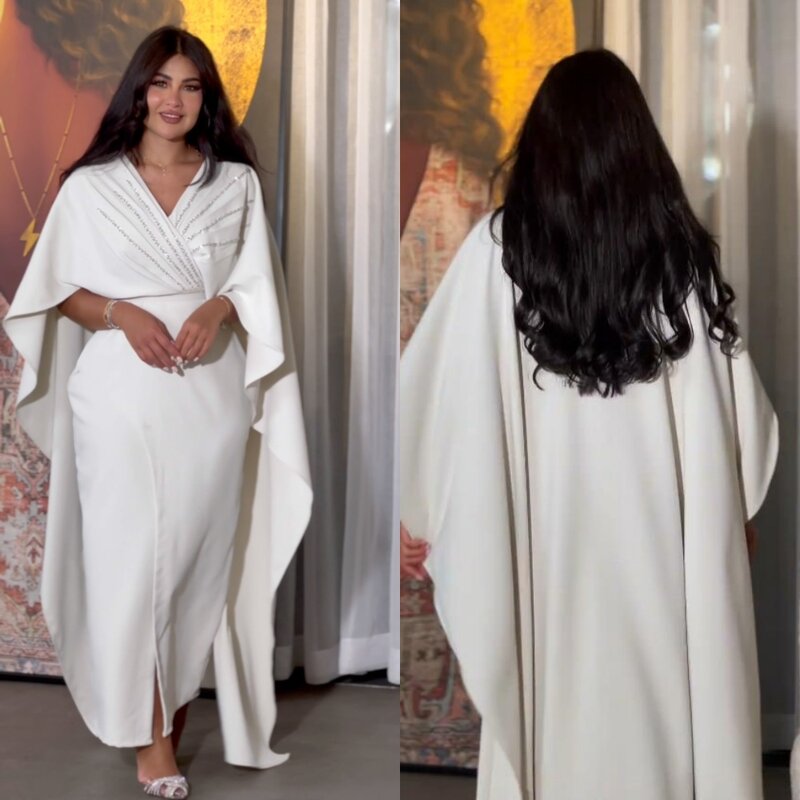 Gaun Prom malam Jersey Arab Saudi berpayet manik-manik Ruched A-line leher V gaun acara Bespoke gaun Midi
