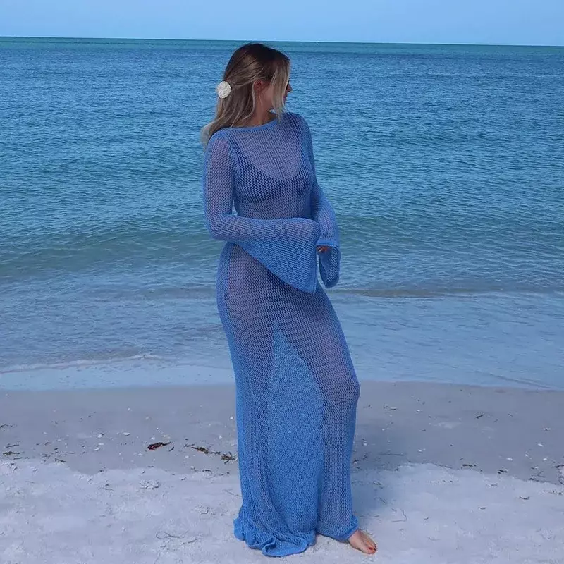 Женское пляжное платье-накидка, прозрачное трикотажное платье макси с длинным рукавом и перфорацией, лето 2024