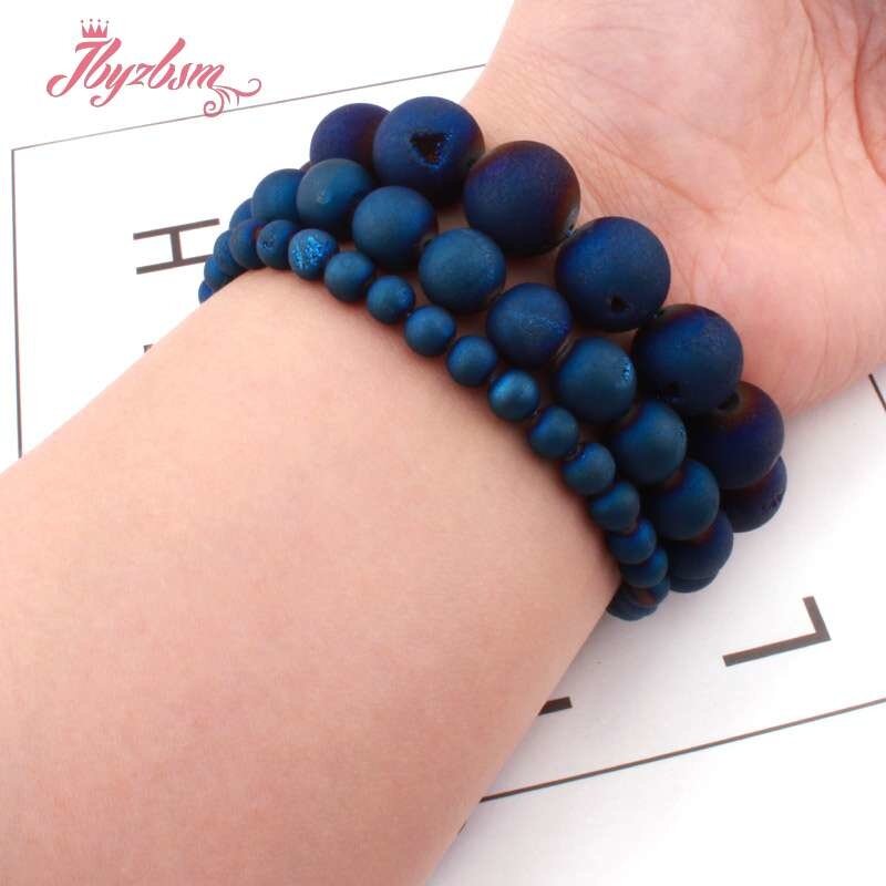 Perles rondes bleues revêtues de métaux, 8,10,12,14mm, en pierre d'agates Druzy pour la fabrication de colliers et de bracelets, 15 pouces