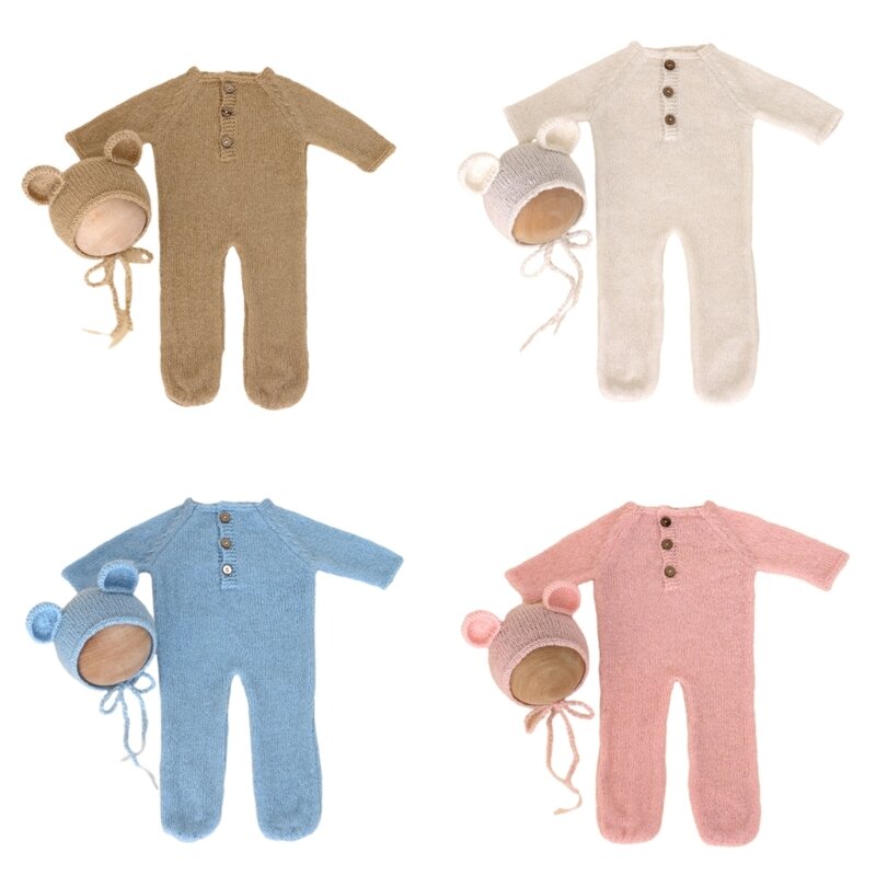 Atrezos para fotografía bebés, disfraz oso, mono, sombrero con orejas oso, conjunto accesorios para fiesta ducha