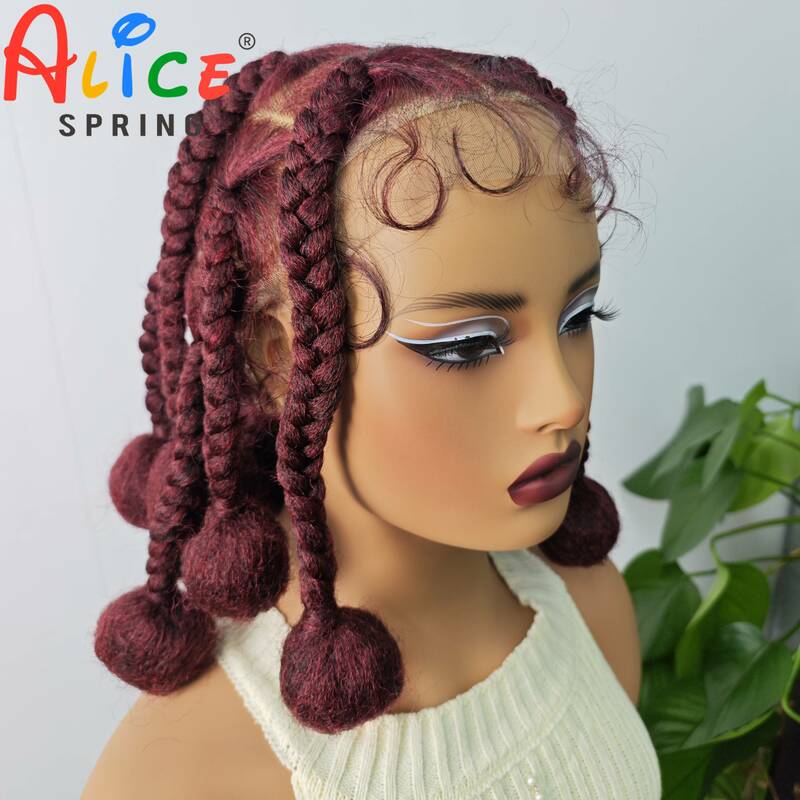 Burgundy 99J 12 Inches Synthetic Braided Wigs Transparent Lace Front Kontless Box Braiding Wigs With Baby Hair for Black Women