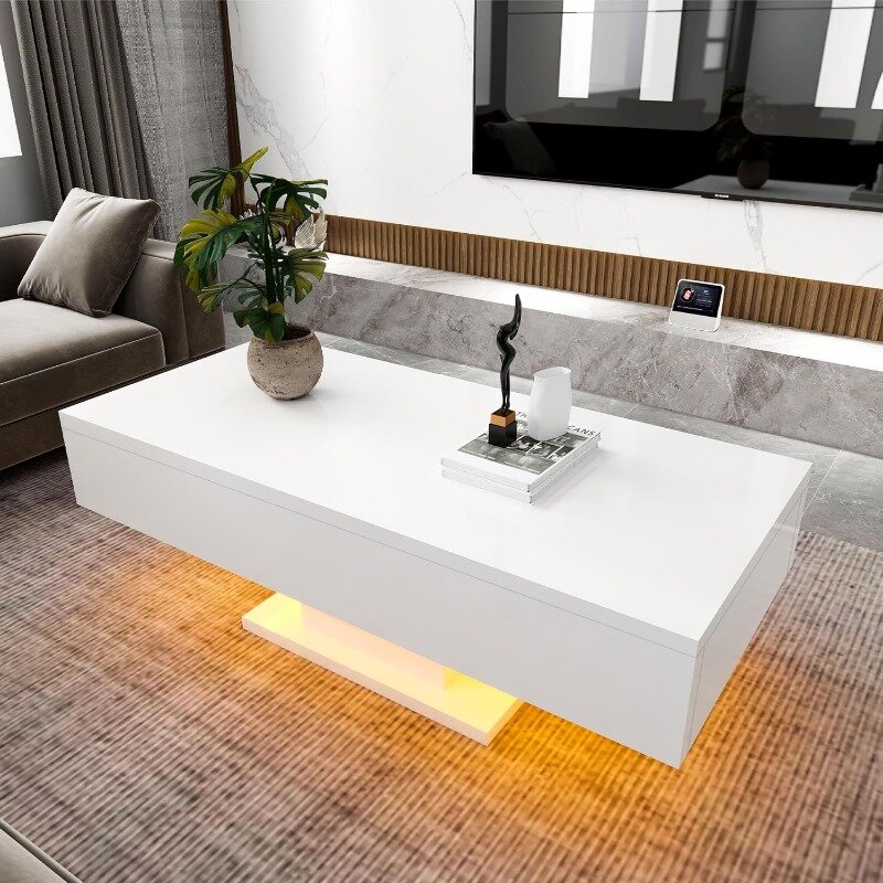 โต๊ะกาแฟเงาสูงโต๊ะกาแฟมีไฟ LED โต๊ะกลางที่ทันสมัยสำหรับห้องนั่งเล่นไฟพร้อมรีโมทคอนโทล RGB