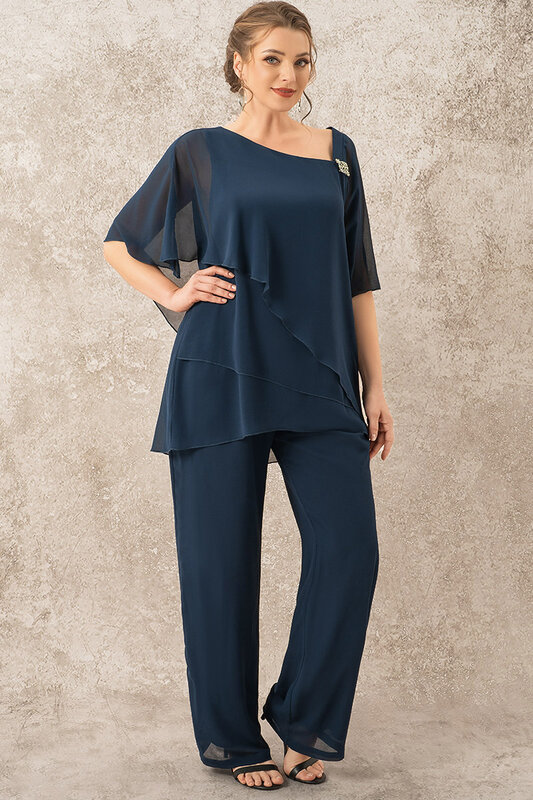 Flybridel-ネイビーブルーのツーピースパンツスーツ,装飾ボタン,シングルケープ,非対称裾,花嫁の母,プラスサイズ