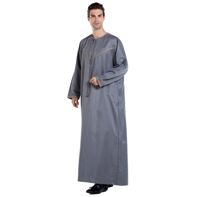 2023 Middle East Muslim Men Clothing Solid Color Long Sleeve Round Neck Thobes for Men Simple Loose Jubba Men for Saudi Arabia