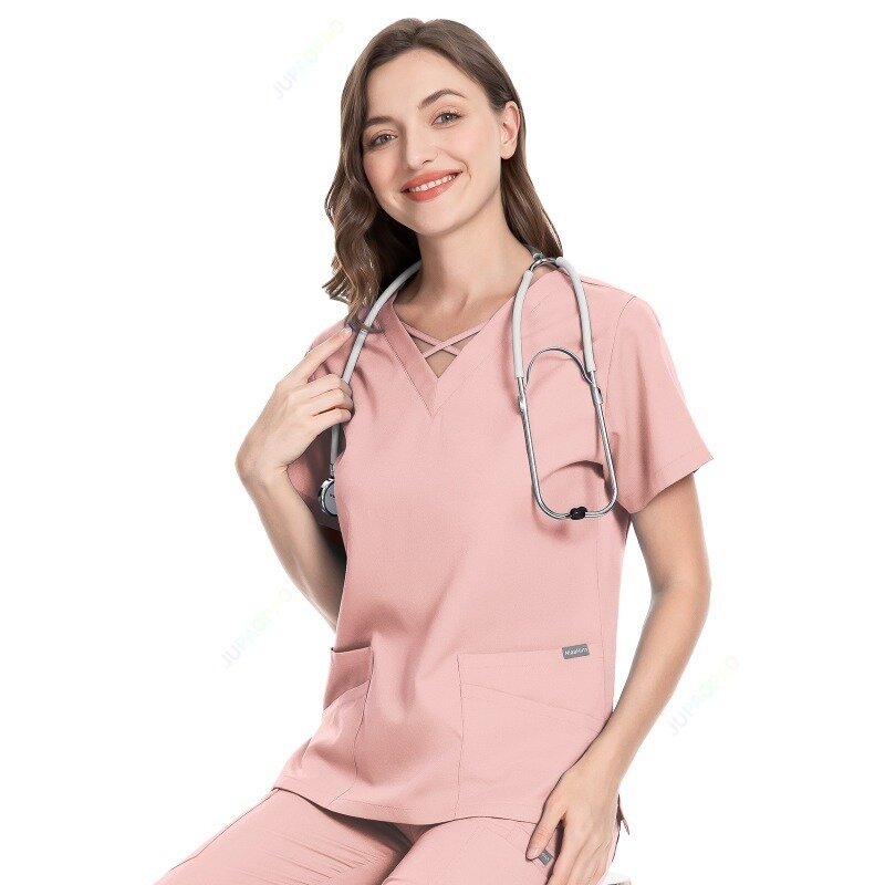 Mulheres Stretch Slim Fit Scrubs Conjuntos, Uniformes Médicos, Médicos Tops, Batas Cirúrgicas, Vestidos Cirúrgicos, Enfermeira Acessórios, Salão, Spa Workwear