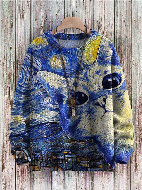 Funny Blue Cats Reading Art Pattern 3D Printed Men's Crewneck Knitted Pullover Winter Unisex Casual Knit Pullover Sweater ZZM50