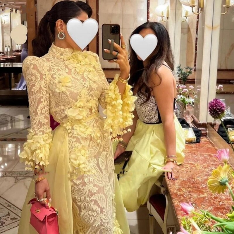 Romantyczna żółte koronki na szyję suknia wieczorowa z długim rękawem suknie balowe syrenka z do kostek suknie na przyjęcia weselne dla kobiet