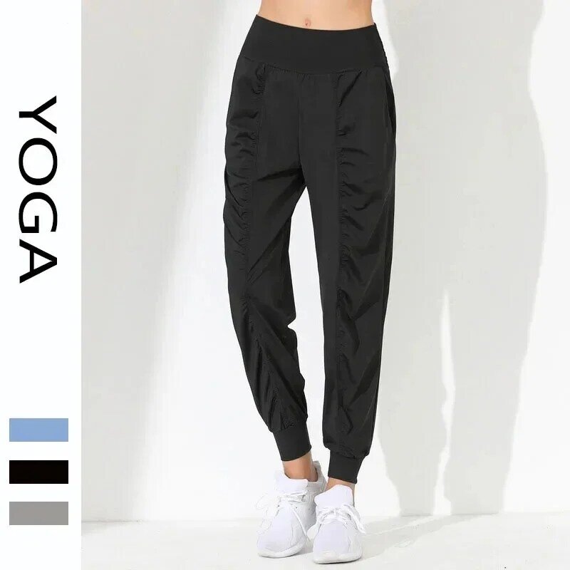 Calças plissadas de secagem rápida Yoga Slim Fitness Capris, Calças Running, Novo