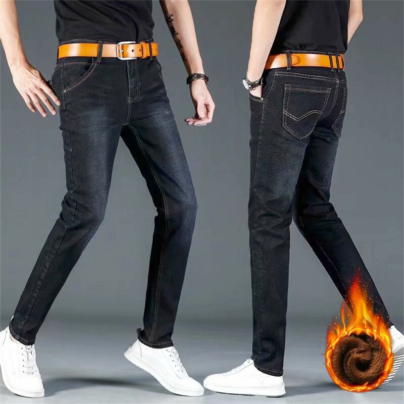 Мужские флисовые теплые джинсы, на весну, осень и зиму, модные деловые длинные брюки, Классические джинсовые брюки, повседневные Стрейчевые облегающие джинсы