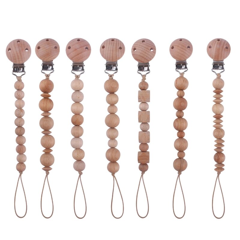 Newborn Pacifier Clip Chain Beech Wooden Beads DIY Nipple Soother Holder Baby Teething Chewing Chain Clip Shower Gifts