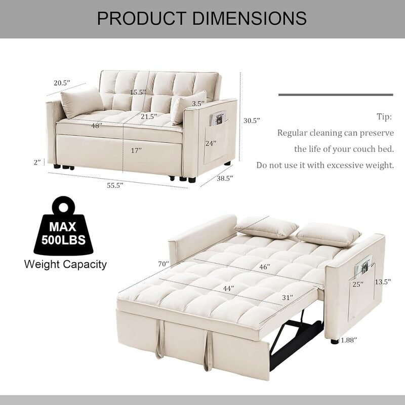 Divano letto 3 in 1 divano letto, divano letto convertibile con schienale regolabile tasche portaoggetti cuscini per soggiorno