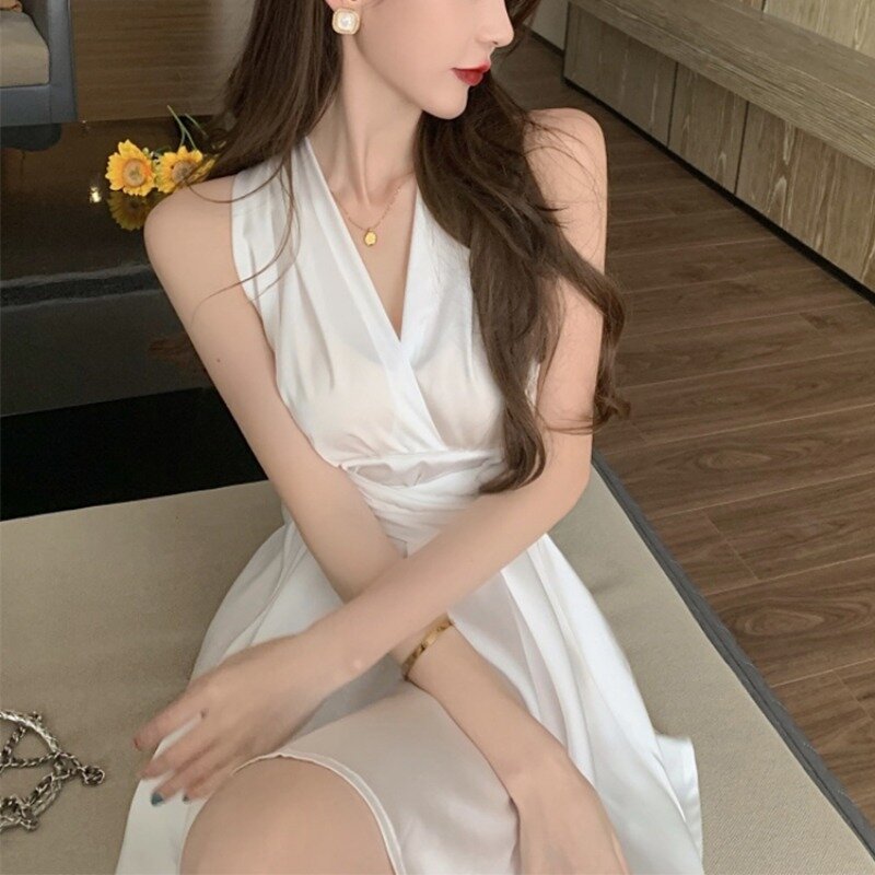 Sleeveless Dresses Women Summer Ladies Elegant Temperament Solid Simple Bandage Daily V-neck Casual Korean Style Trendy Retro