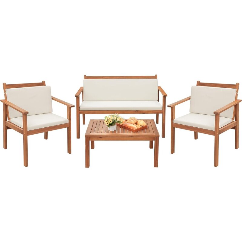 4 Piece Bistro Patio Furniture Outdoor Chat Chair Set with Water Resistant Cushions and Coffee Table for Beach Backyard Garden