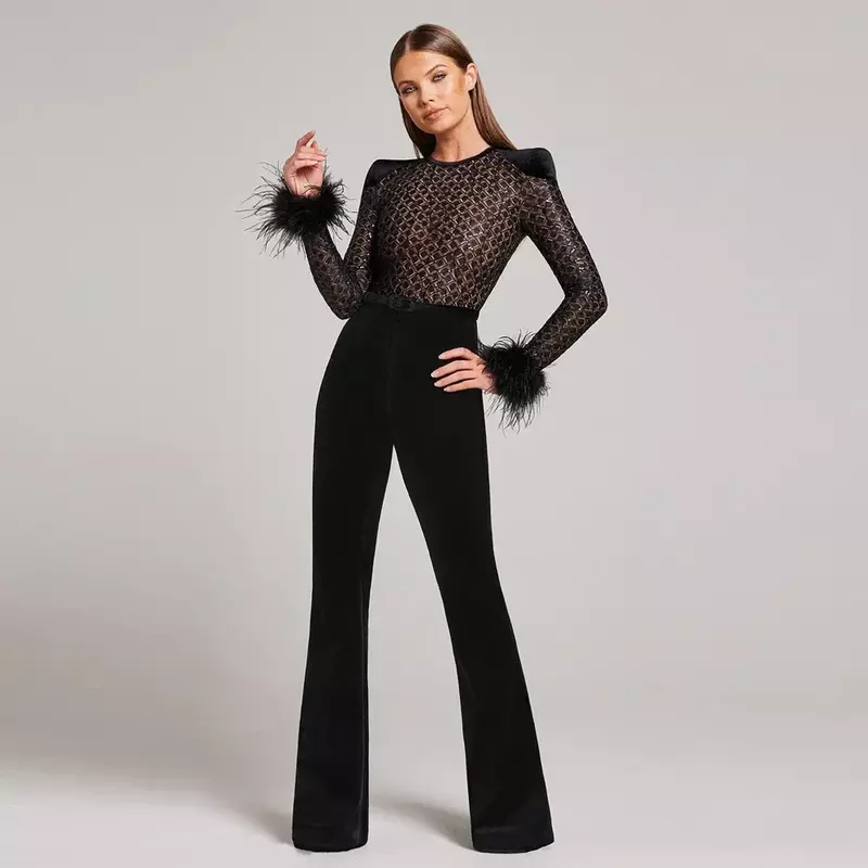 2024 Spring New Fashion Sexy Lace Sequin Feather Bandage jumpsuit Women's Sexy Celebrity Club Party jumpsuit Wholesale