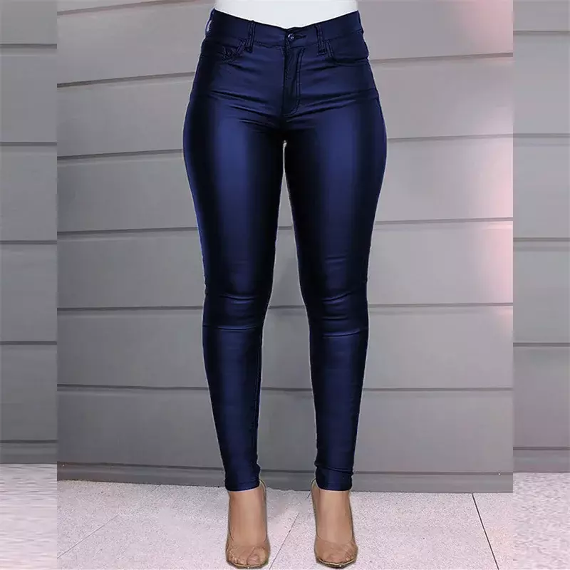 Fashion Solid Color PU Leather Pants Women Slim Fit Pencil Trousers Female Casual Commuter High Waist Button Splicing Trous 2024