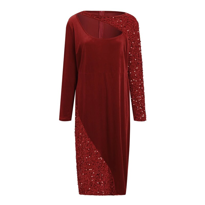 Plus Size Fall Dresses Vintage Long Sleeve Hollow Out Glitter Sparkly Sequin Slim Bodycon Dress Elegant Midi Party Red Dress