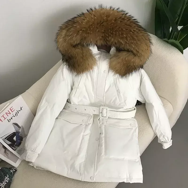 FURYOURSELF 2023 진짜 여우 너구리 모피 칼라 후드, 겨울 덕 다운 재킷 벨트, 여성 두껍고 따뜻한 코트, 럭셔리 아우터