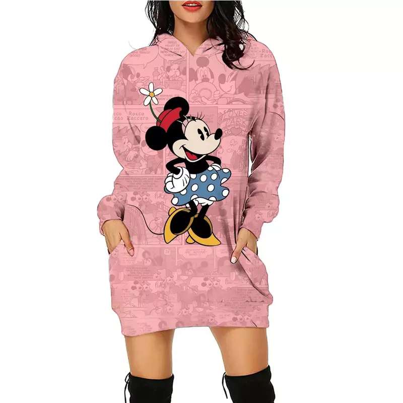 Disney elegante mangas compridas vestido com capuz para mulheres, Minnie Mouse vestidos, Mickey luxo festa mini roupas de baile, 2022