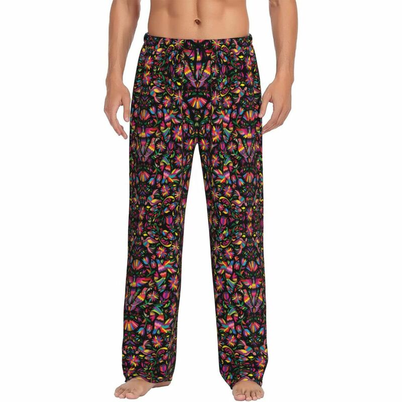Pantalones de pijama con patrón artístico personalizado para hombre, ropa de dormir elástica, con bolsillos, Otomi, flores mejicanas
