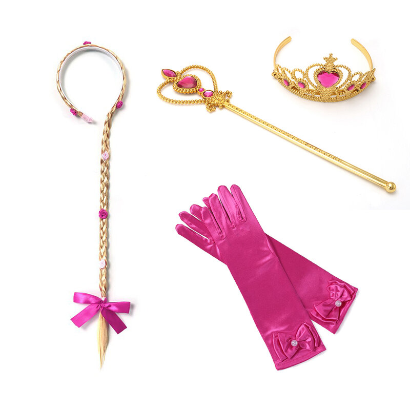 Sarung Tangan Putri Putri Tidur Cantik Disney Set Perhiasan Mahkota Tongkat Kepang Wig Aurora untuk Gaun Putri Aksesori Cosplay Pakaian