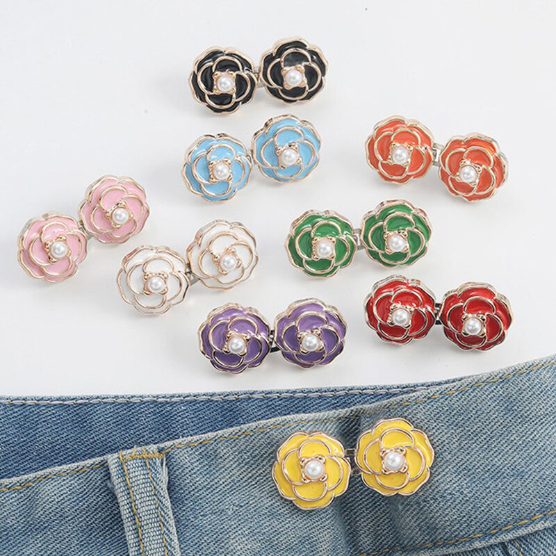 Épingle de bouton de serrage de taille de camélia perlé pour des femmes, jeans, poignées de mode, détachable, jupe, pantalon, 1pc