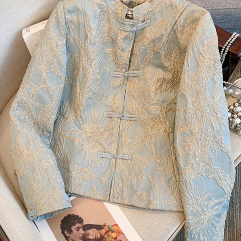 Manteau court en jacquard de brocart pour femme, manches longues, simple boutonnage, col montant, haut de tempérament national, nouveau style chinois