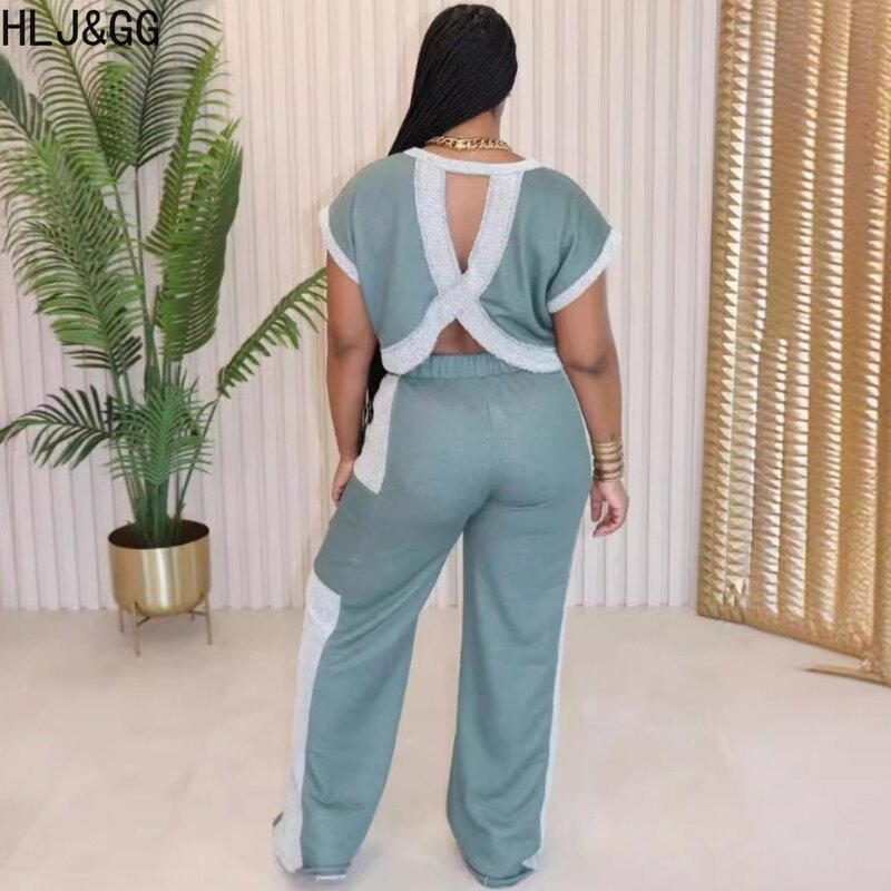 HLJ&GG Casual Color Splicing Straight Pants Two Piece Sets Women O Neck Short Sleeve Top And Pants Outfits Female 2pcs Clothing