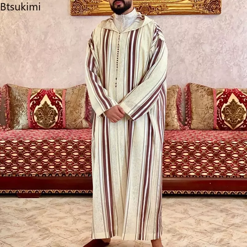 Nieuwe 2024 Islamitische Kleding Mannen Gewaad Kaftan Moslim Man Marokkaanse Casual Lange Jurk Arabisch Gestreept Gewaad Midden-Oosten Nationale Kostuum