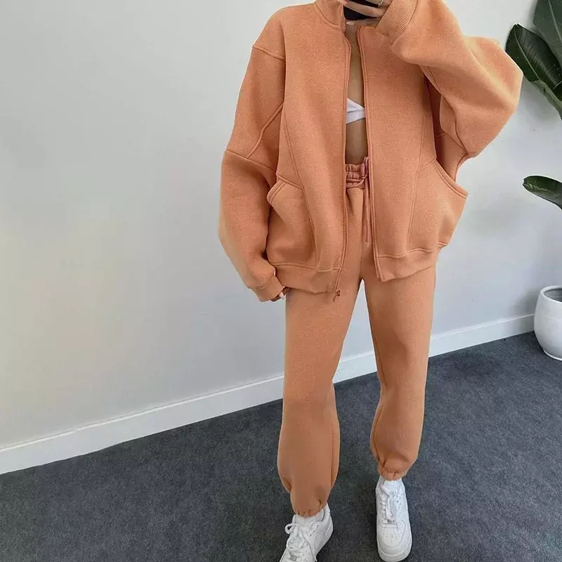 Autumn and Winter Solid Color Stand-up Cardigan Long-sleeved Sweater Women's Fashion Casual Pants Suit