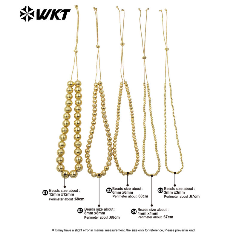 WT-JFN13 de cuentas redondas chapadas en oro Real de 18K, cadena Simple y única de diferentes tamaños, venta al por mayor