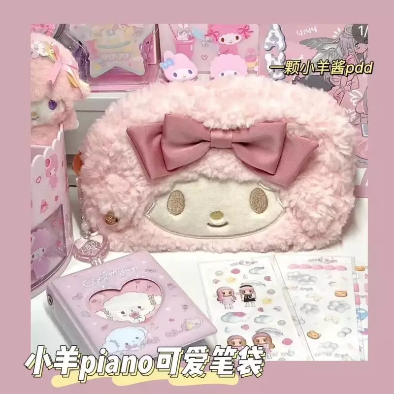 Sanrio Melody-Bolsa de lápices de felpa, suministros de papelería, Anime Kawaii, Kuromi, Cinnamoroll, Japón, Corea, Ins, bolsa de cosméticos, regalo para niñas