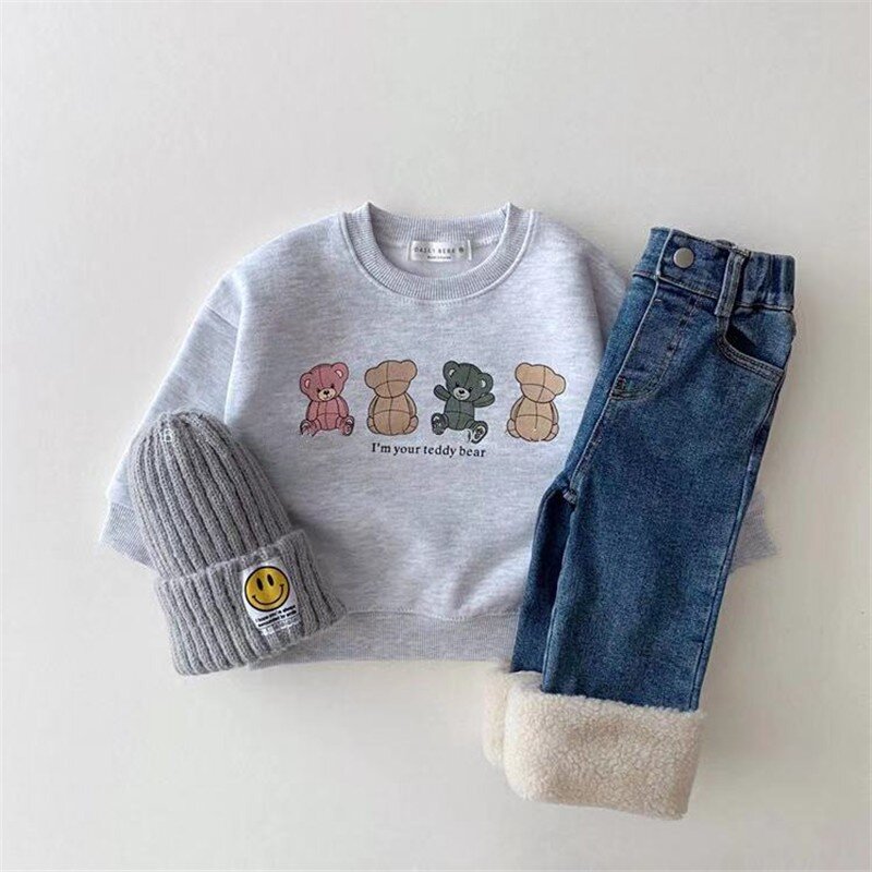 2023 New Baby Hoodies Cute Bear Print Infant Boys Cartoon Tops Autumn Kids Long Sleeve Sweatshirt Cotton Girls Clothes