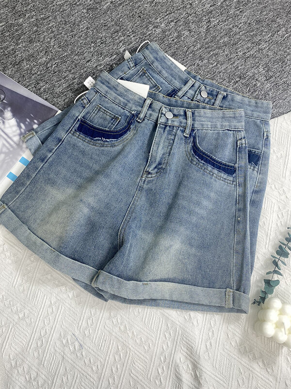 Damskie spodenki jeansowe z wysokim stanem szorty kowbojki Y2k Harajuku koreańskie damskie letnie 2000s Streetwear luźne Retro-line szorty jeansy