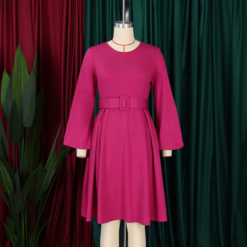 Женское офисное платье с поясом, элегантное однотонное модное платье с длинным рукавом, круглым вырезом и карманами, весна-осень
