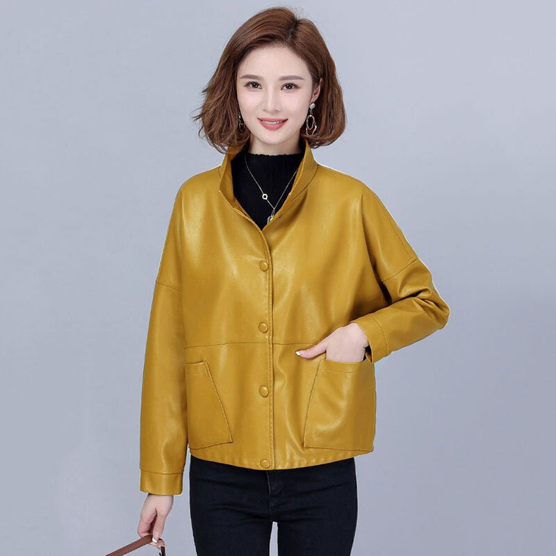 Jaqueta curta de couro PU feminina, casacos de pele de carneiro, casacos soltos, casual, coreano, high-end, primavera, outono, 4XL