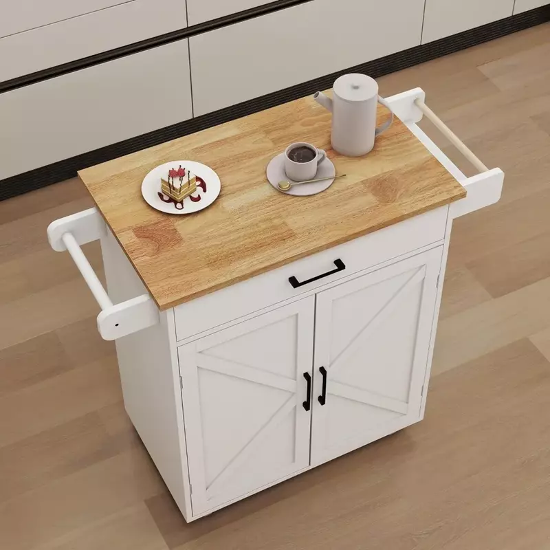 Kitchen Island, Roll-on Storage Cabinet with Storage Cabinets, Mobile Kitchen Island Trolley Cabinet with Rubberwood Roof