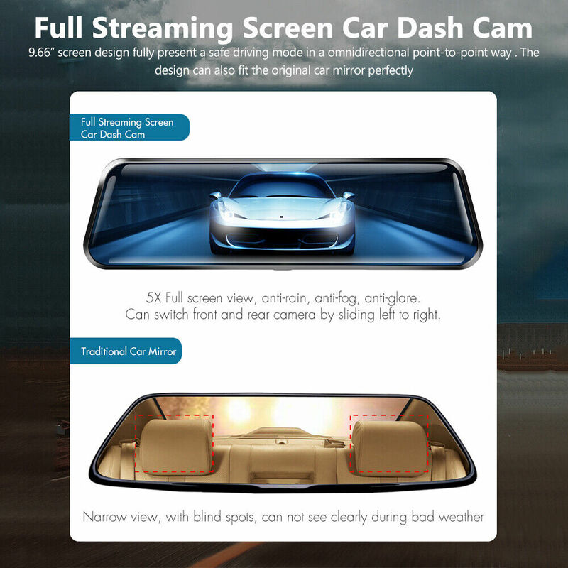 Dual Lens Car DVR Dash Cam, Gravador De Câmera De Vídeo, Espelho Retrovisor, 9.66 "HD, 1080P