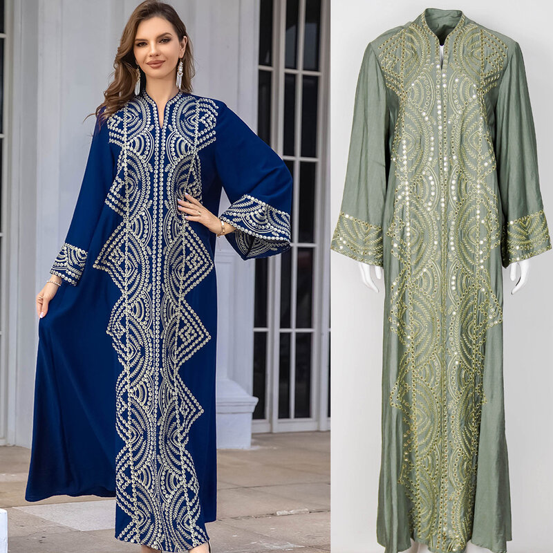 Abayas bordadas de lantejoulas para mulheres, vestidos longos elegantes, Robe casual à noite, Kaftan bordado