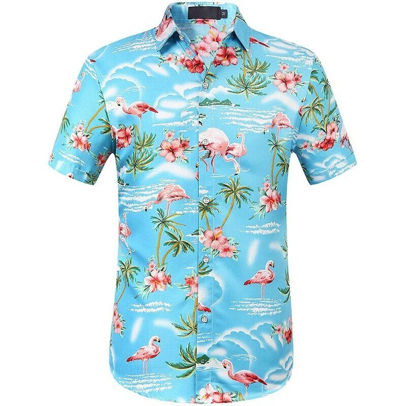 2024 Herren Plus Size Sommer Kurzarmhemd mit Flamingo-Muster Hawaii Beach Herren hemd Freizeit hemd Herren hohe Qualität
