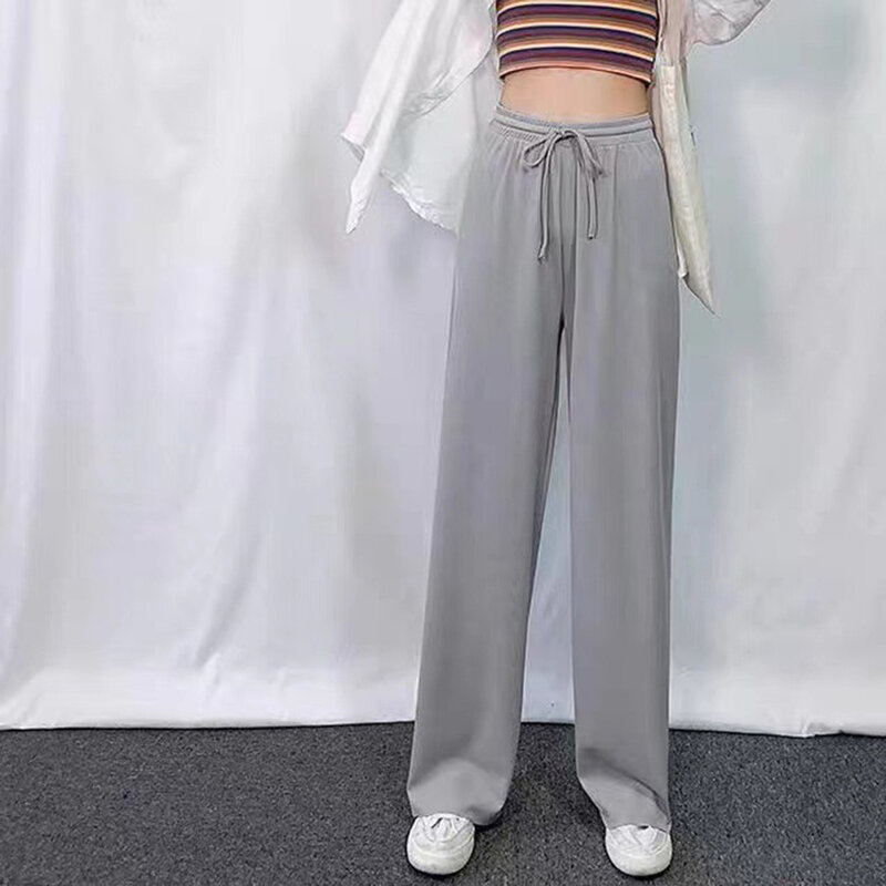 Celana olahraga wanita, celana sutra es keren tipis lipatan longgar tali serut lurus