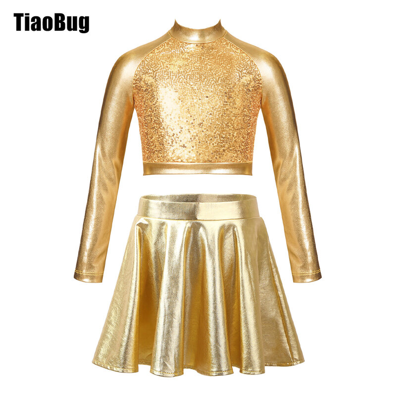 Kids Girls Glossy Metallic Dance Outfit Long Sleeve Sequin Crop Top Skating Short Skirt Suit for Figure Skating