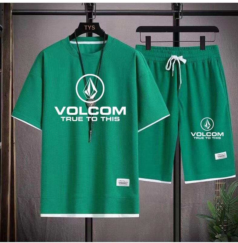 VOLCOM-Survêtement 2 pièces à manches courtes pour hommes, ensemble t-shirt et pantalon de survêtement College, vêtements de sport décontractés, été, nouveau, 2024