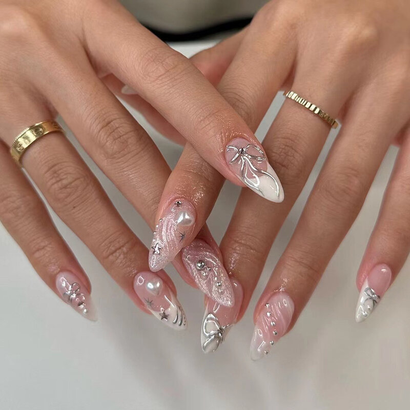 Ręcznie robiona francuska sztuczne paznokcie różowa prasa na paznokciach ze stopu 3D wzór kokardki z gwiazdkami do noszenia fałszywy do paznokci tipsów dla dziewczynek Y2k