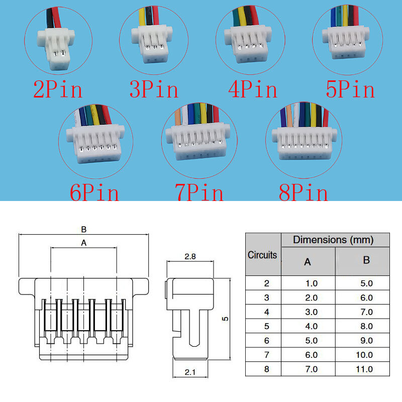 Mini JST SH 1.0mm Pitch Female Socket Terminal Plug Wire Connector SH 1mm 2 3 4 5 6 7 8 Pin 10CM 28AWG Electronic Wires Cable