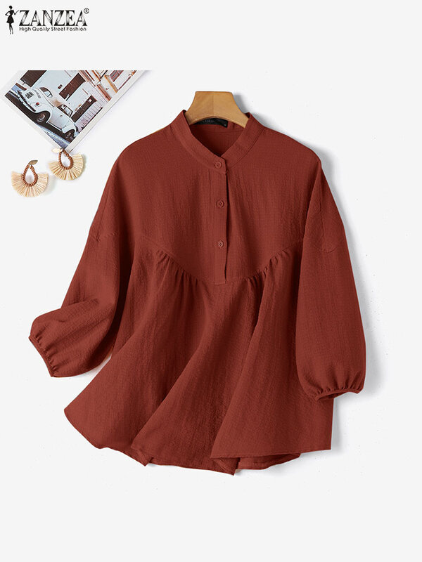 ZANZEA-Túnica vintage para mulheres, tops plissados sólidos, manga 3/4 solta, blusa casual feminina, moda natalícia, verão