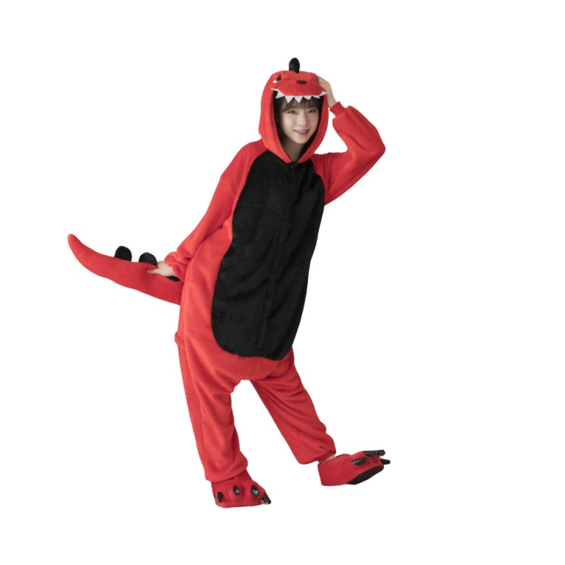 Rote Dinosaurier Tier Overall Nacht kleidung reifen trend ige individuelle liebenswerte bequeme kälte sichere flauschige Frauen zu Hause tragen